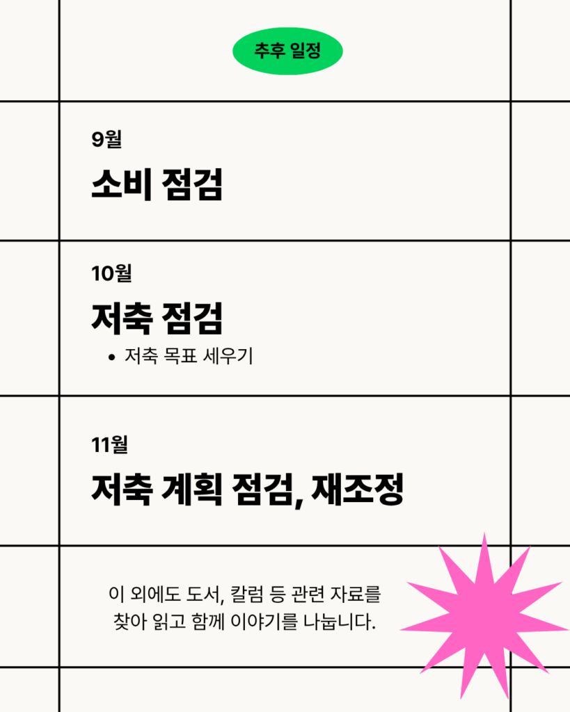 [추후 일정] 가계부 모임의 9월부터 11월까지의 활동 일정을 안내하는 이미지. 9월에는 ‘소비 점검’, 10월에는 ‘저축 점검’과 ‘저축 목표 세우기’, 11월에는 ‘저축 계획 점검, 재조정’을 진행한다. 이외에도 도서와 칼럼 등 관련 자료를 찾아 읽고 함께 이야기를 나눌 예정이라고 안내되어 있다.
